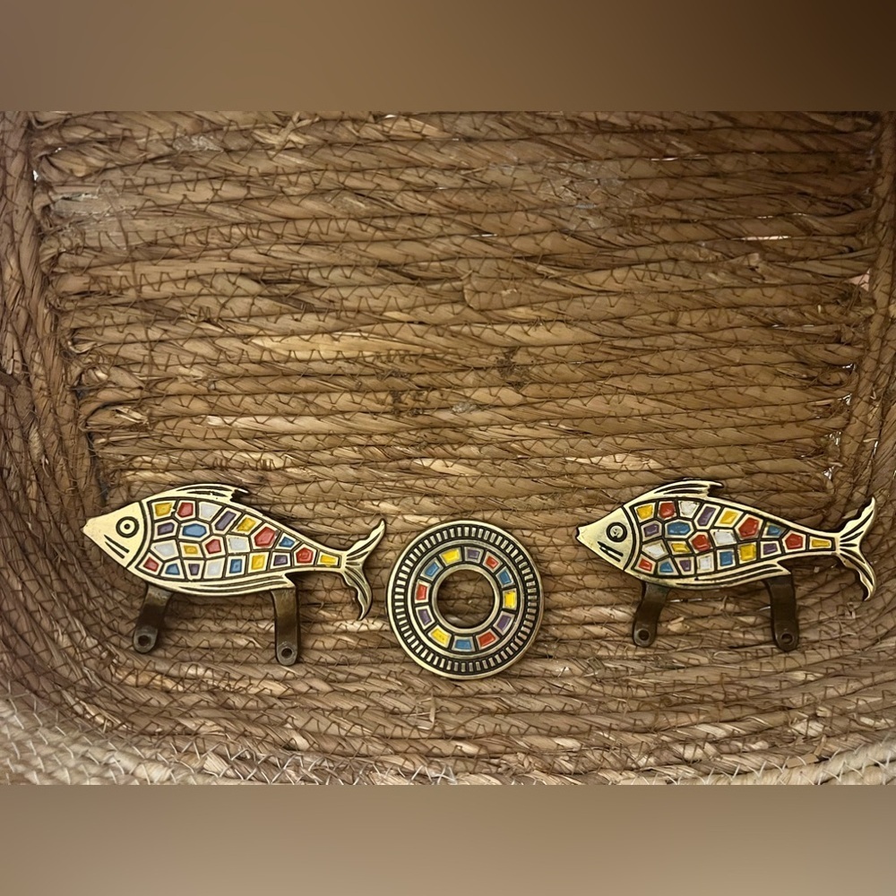 Brass Colorful Mosaic Fish Wall Hooks. Old handles and inserts